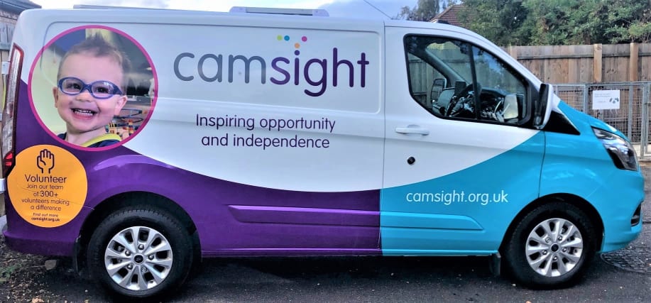 Cam Sights Mobile Unit with Cam Sight logo with strapline Inspiring opportunity and independence