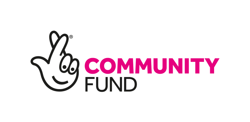 This is a logo for the national lottery community fund. There is a black outline of a hand and crossing two fingers the text is bright pink to the right at the top which is says COMMUNITY and underneath is FUND in black writing